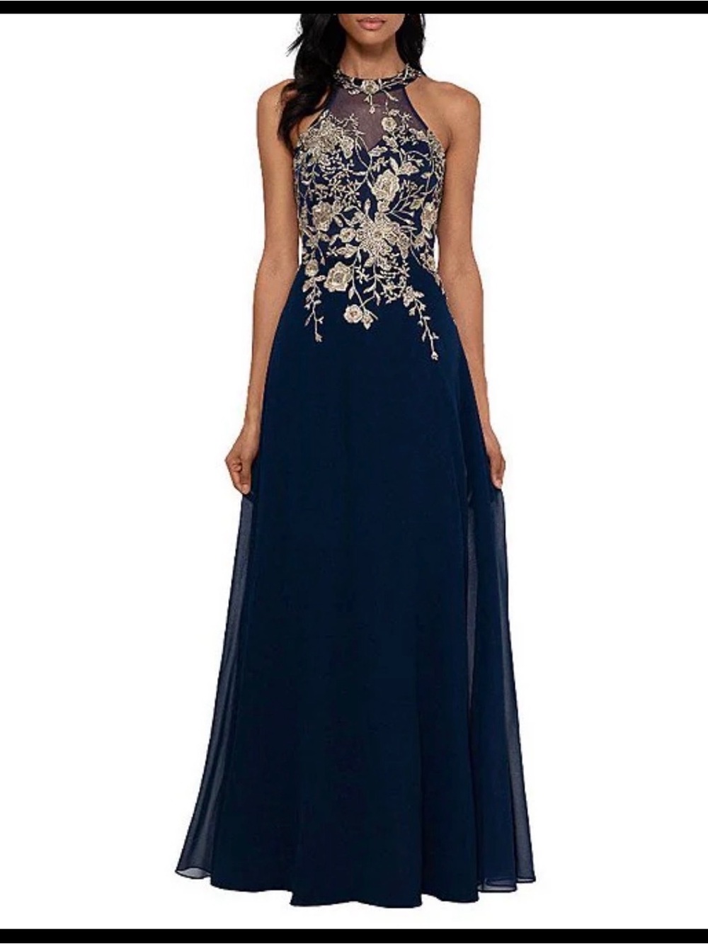 Betsy & Adam Navy Maxi Dress with Gold Floral Embroidery